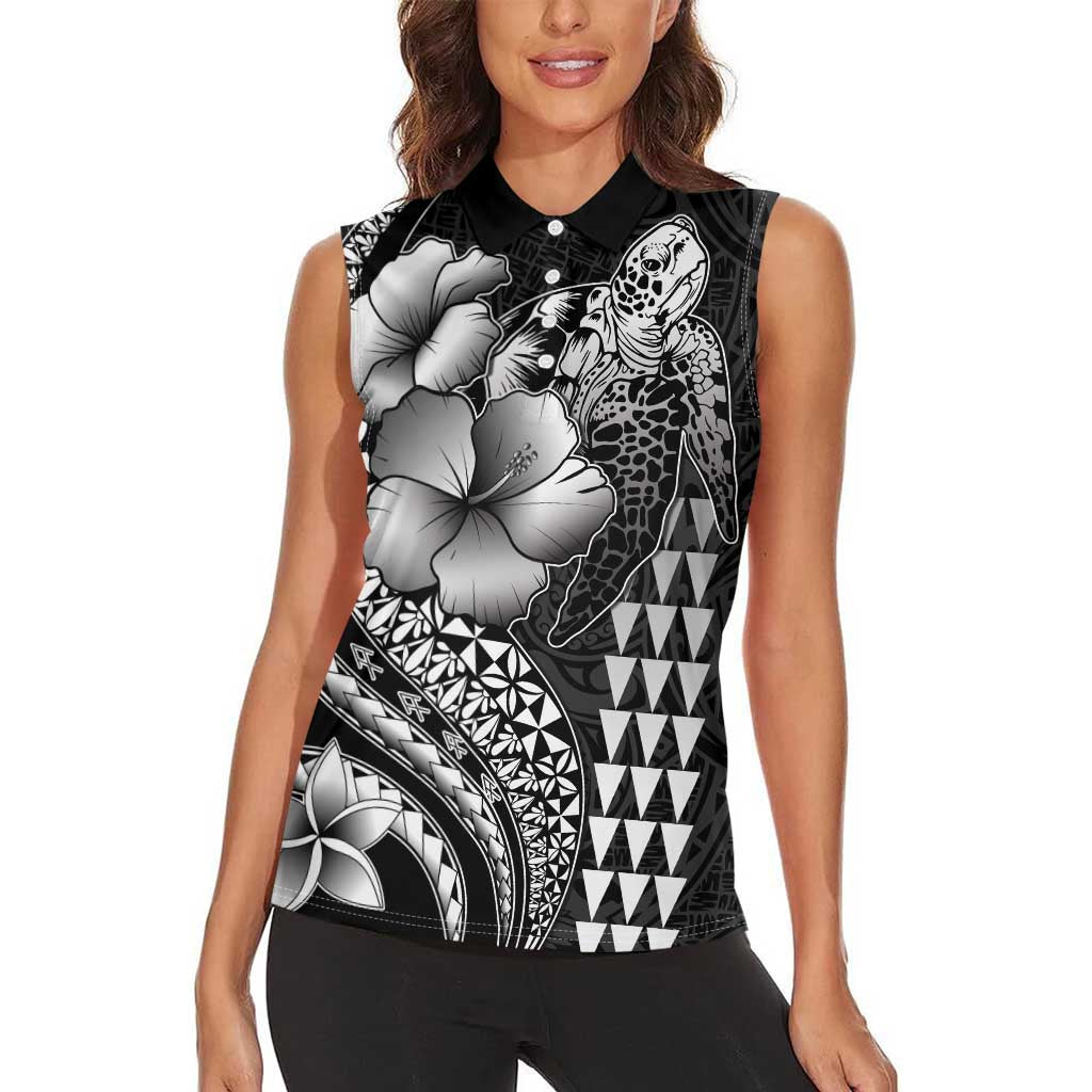 Hawaiian Sea Turtle Women Sleeveless Polo Shirt Black Hibiscus Flowers and Kakau Pattern
