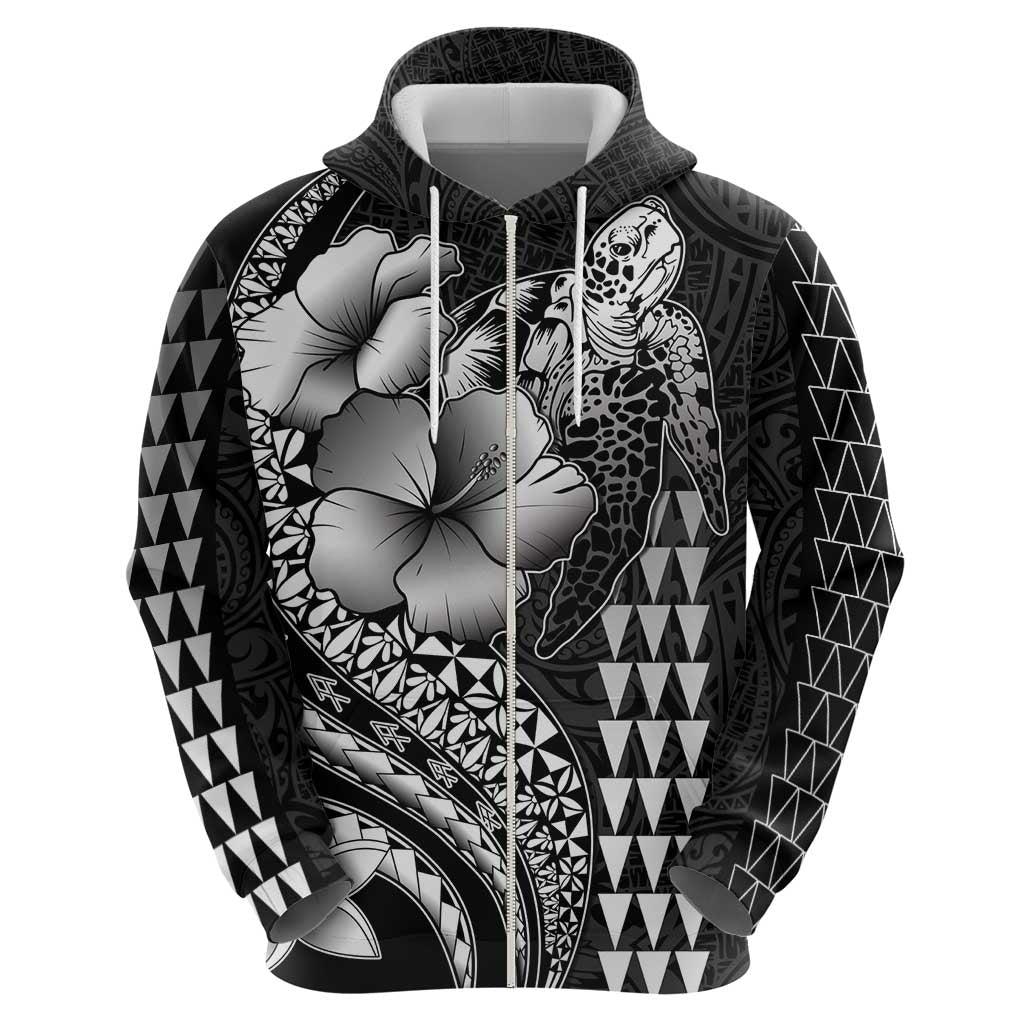 Hawaiian Sea Turtle Zip Hoodie Black Hibiscus Flowers and Kakau Pattern