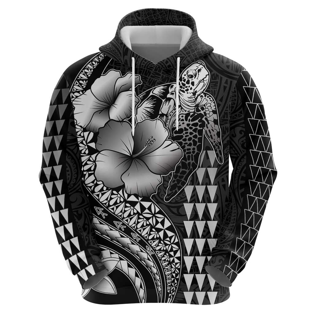 Hawaiian Sea Turtle Zip Hoodie Black Hibiscus Flowers and Kakau Pattern