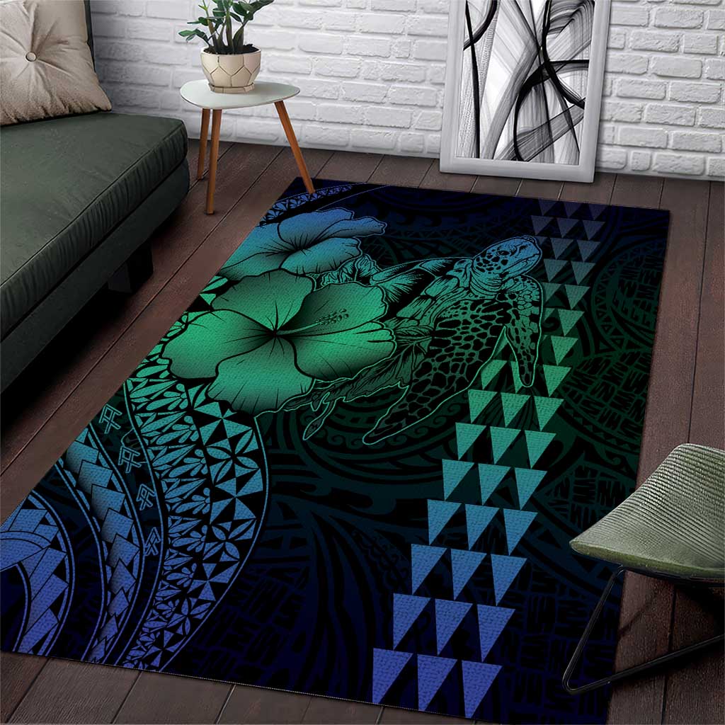 Hawaiian Sea Turtle Area Rug Blue Hibiscus Flowers and Kakau Pattern