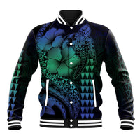 Hawaiian Sea Turtle Baseball Jacket Blue Hibiscus Flowers and Kakau Pattern