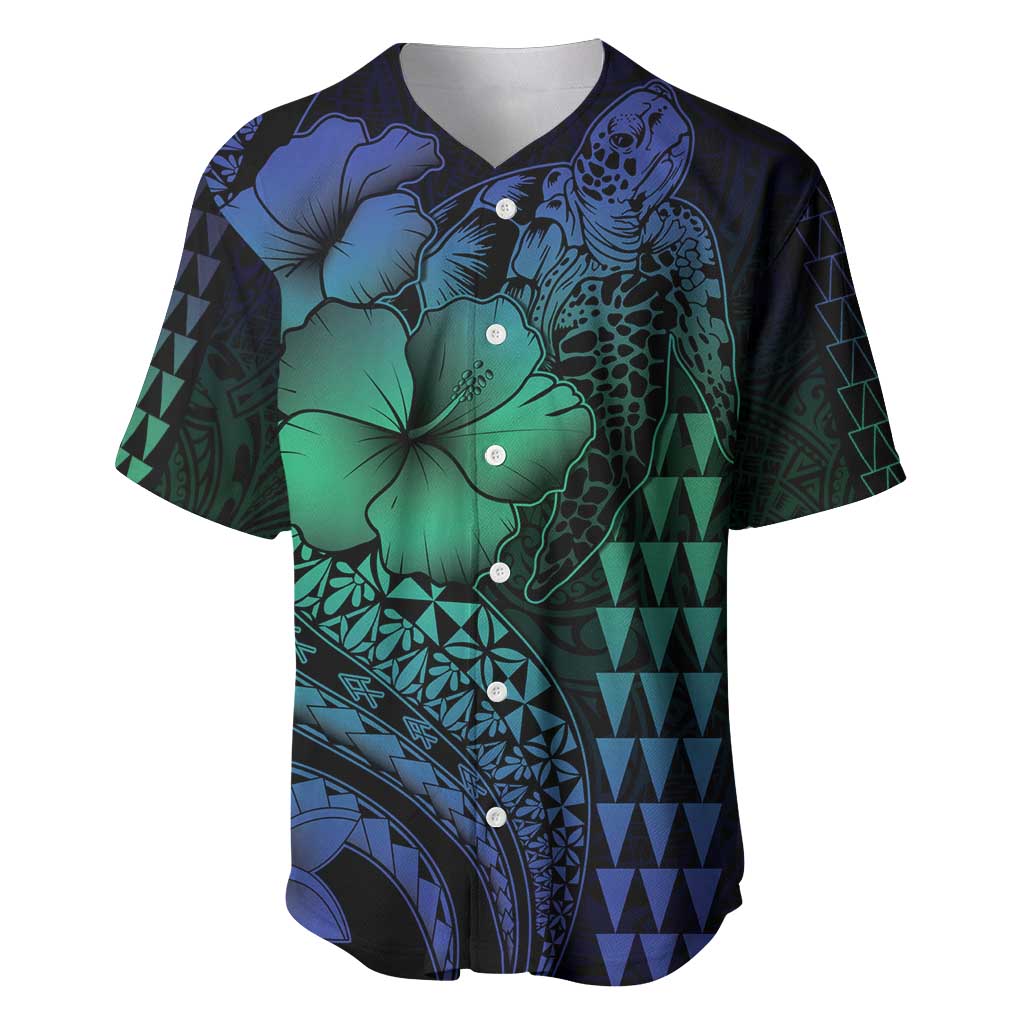 Hawaiian Sea Turtle Baseball Jersey Blue Hibiscus Flowers and Kakau Pattern