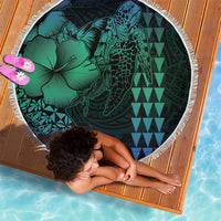 Hawaiian Sea Turtle Beach Blanket Blue Hibiscus Flowers and Kakau Pattern