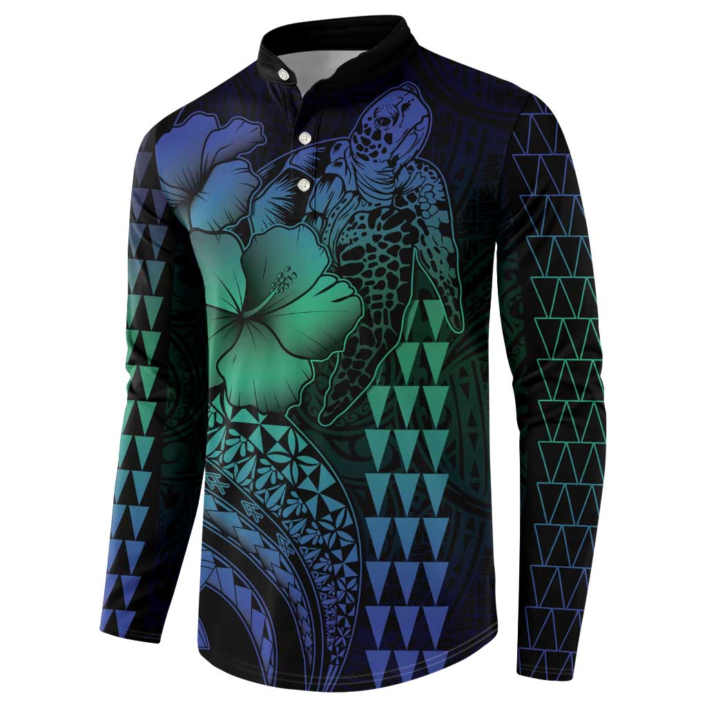 Hawaiian Sea Turtle Button Sweatshirt Blue Hibiscus Flowers and Kakau Pattern