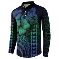 Hawaiian Sea Turtle Button Sweatshirt Blue Hibiscus Flowers and Kakau Pattern