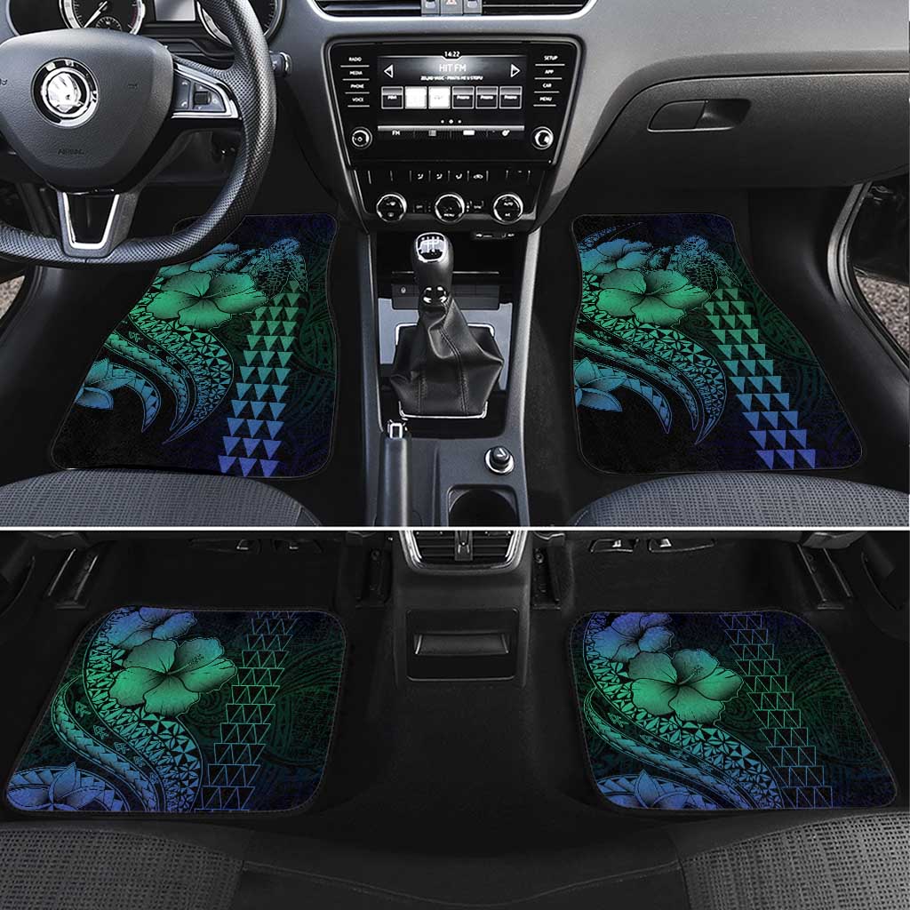 Hawaiian Sea Turtle Car Mats Blue Hibiscus Flowers and Kakau Pattern