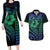 Hawaiian Sea Turtle Couples Matching Long Sleeve Bodycon Dress and Hawaiian Shirt Blue Hibiscus Flowers and Kakau Pattern