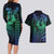 Hawaiian Sea Turtle Couples Matching Long Sleeve Bodycon Dress and Hawaiian Shirt Blue Hibiscus Flowers and Kakau Pattern