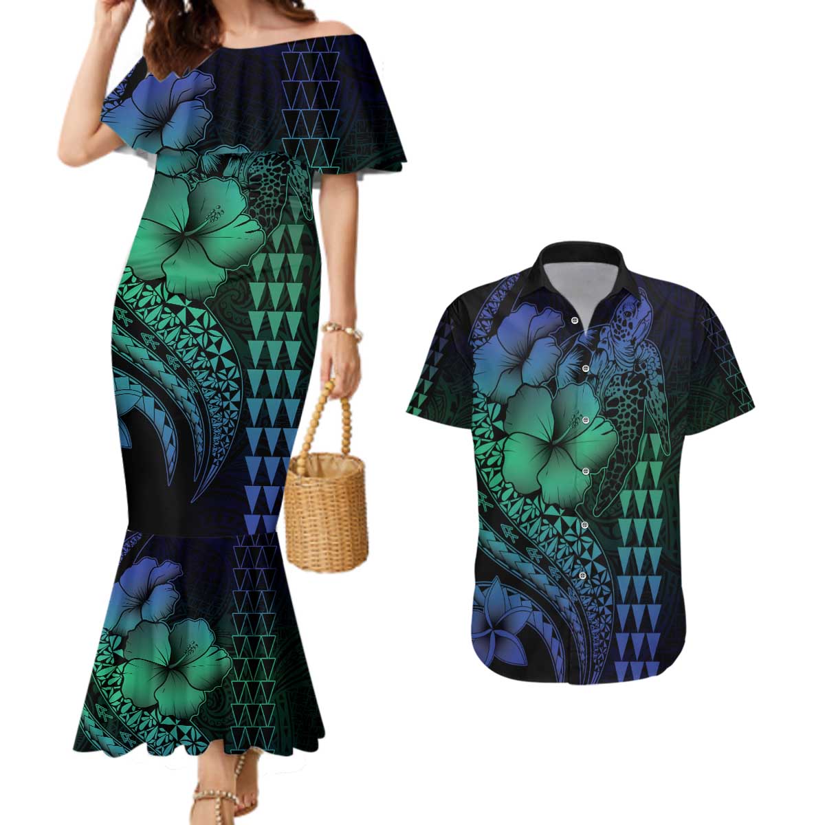 Hawaiian Sea Turtle Couples Matching Mermaid Dress and Hawaiian Shirt Blue Hibiscus Flowers and Kakau Pattern