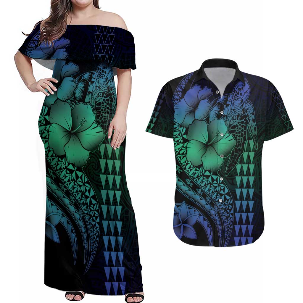 Hawaiian Sea Turtle Couples Matching Off Shoulder Maxi Dress and Hawaiian Shirt Blue Hibiscus Flowers and Kakau Pattern