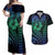 Hawaiian Sea Turtle Couples Matching Off Shoulder Maxi Dress and Hawaiian Shirt Blue Hibiscus Flowers and Kakau Pattern