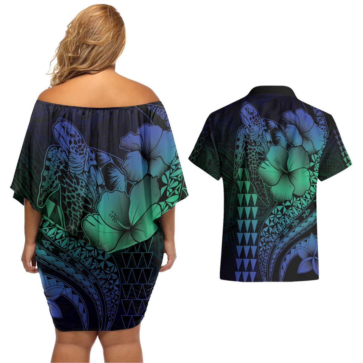 Hawaiian Sea Turtle Couples Matching Off Shoulder Short Dress and Hawaiian Shirt Blue Hibiscus Flowers and Kakau Pattern