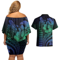 Hawaiian Sea Turtle Couples Matching Off Shoulder Short Dress and Hawaiian Shirt Blue Hibiscus Flowers and Kakau Pattern