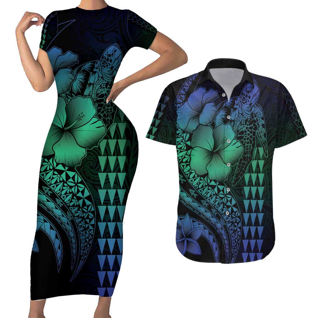 Hawaiian Sea Turtle Couples Matching Short Sleeve Bodycon Dress and Hawaiian Shirt Blue Hibiscus Flowers and Kakau Pattern