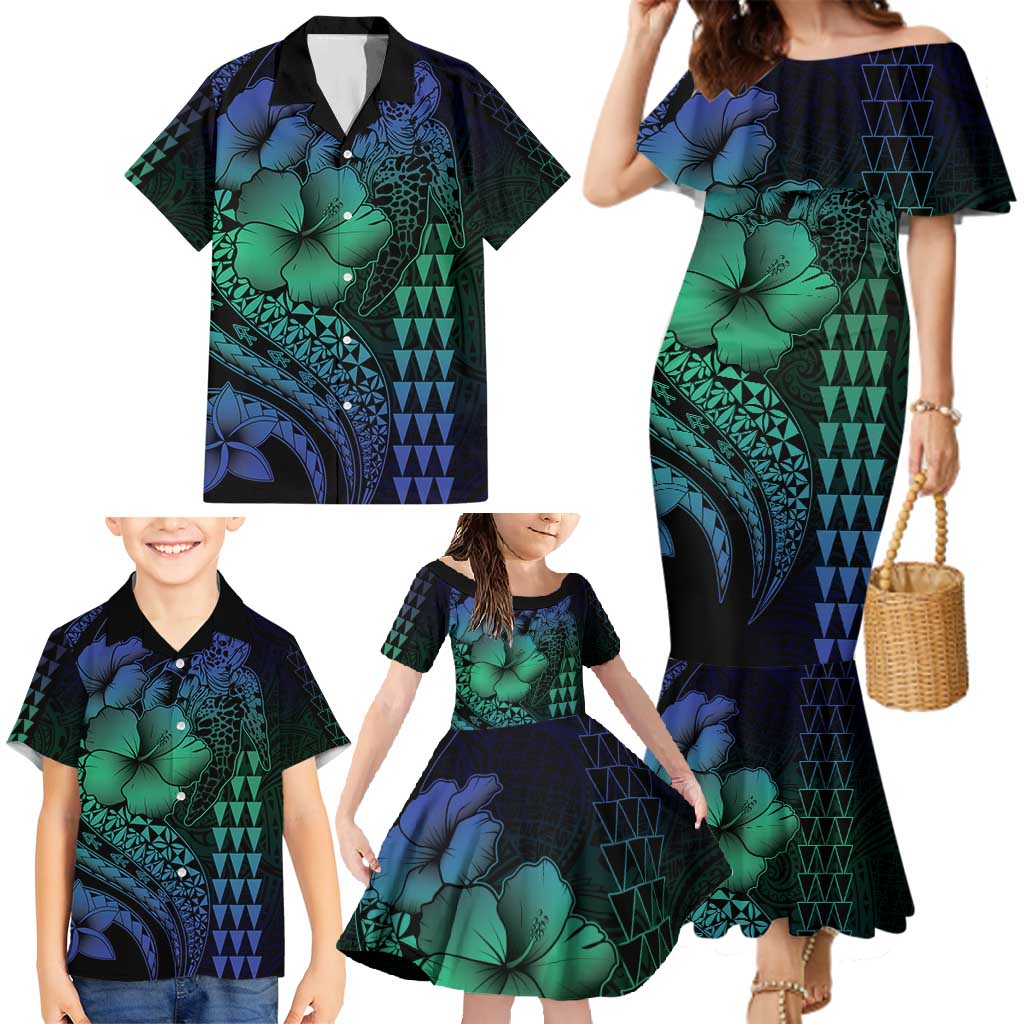 Hawaiian Sea Turtle Family Matching Mermaid Dress and Hawaiian Shirt Blue Hibiscus Flowers and Kakau Pattern