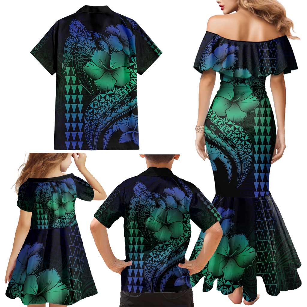 Hawaiian Sea Turtle Family Matching Mermaid Dress and Hawaiian Shirt Blue Hibiscus Flowers and Kakau Pattern