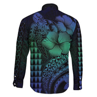 Hawaiian Sea Turtle Family Matching Mermaid Dress and Hawaiian Shirt Blue Hibiscus Flowers and Kakau Pattern