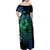 Hawaiian Sea Turtle Family Matching Off Shoulder Maxi Dress and Hawaiian Shirt Blue Hibiscus Flowers and Kakau Pattern