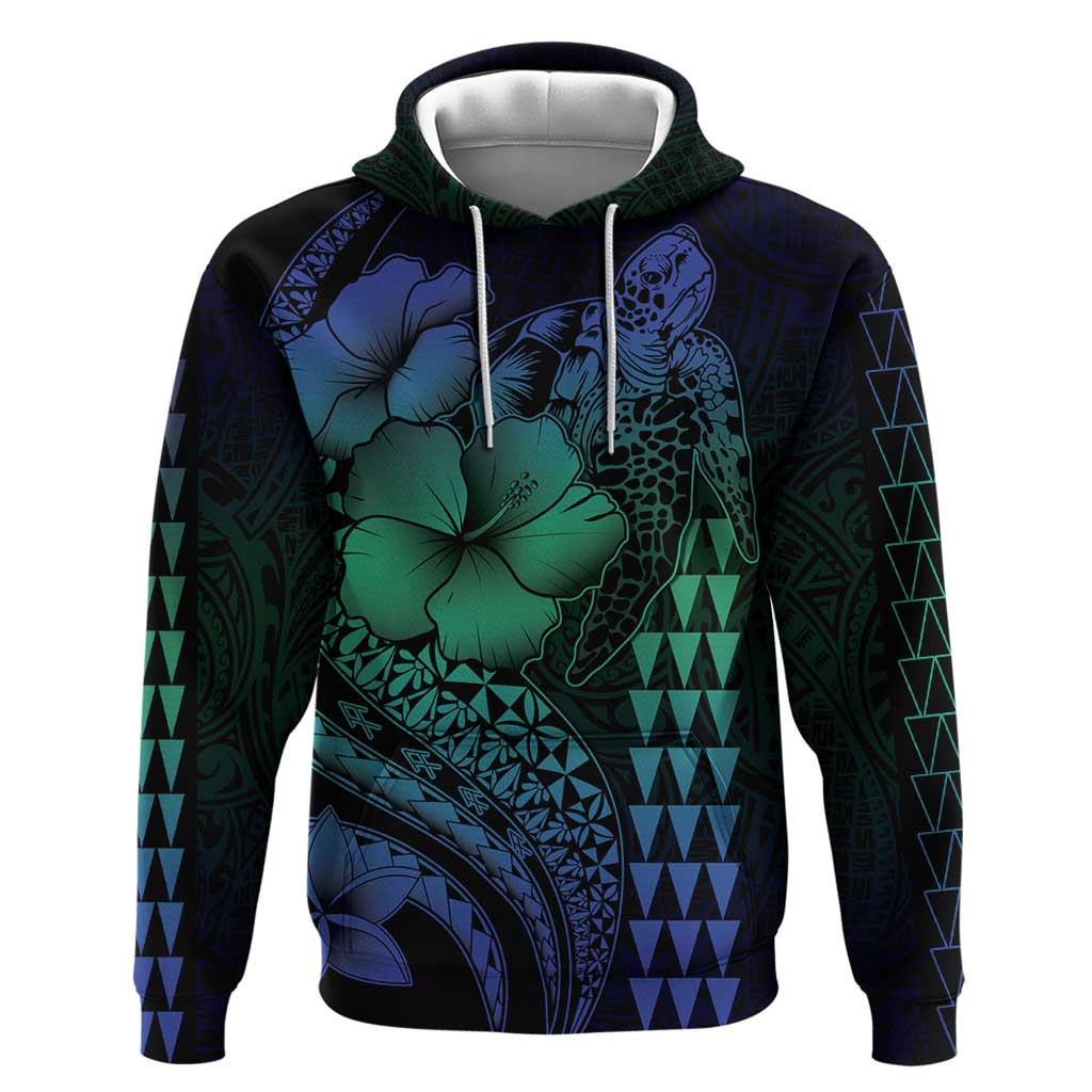 Hawaiian Sea Turtle Hoodie Blue Hibiscus Flowers and Kakau Pattern