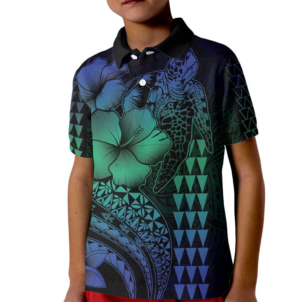 Hawaiian Sea Turtle Kid Polo Shirt Blue Hibiscus Flowers and Kakau Pattern