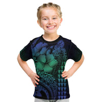Hawaiian Sea Turtle Kid T Shirt Blue Hibiscus Flowers and Kakau Pattern