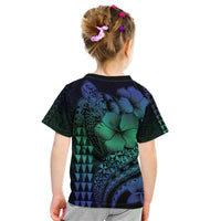 Hawaiian Sea Turtle Kid T Shirt Blue Hibiscus Flowers and Kakau Pattern