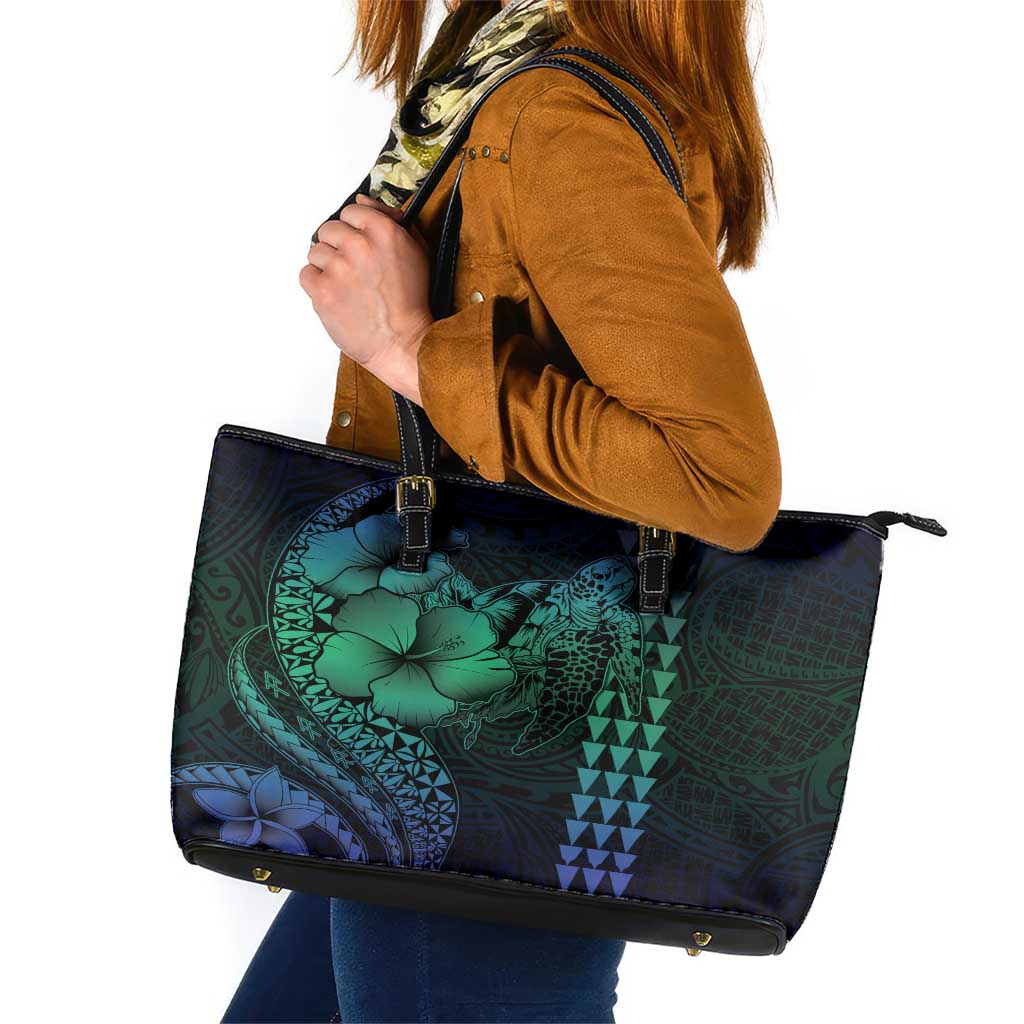 Hawaiian Sea Turtle Leather Tote Bag Blue Hibiscus Flowers and Kakau Pattern