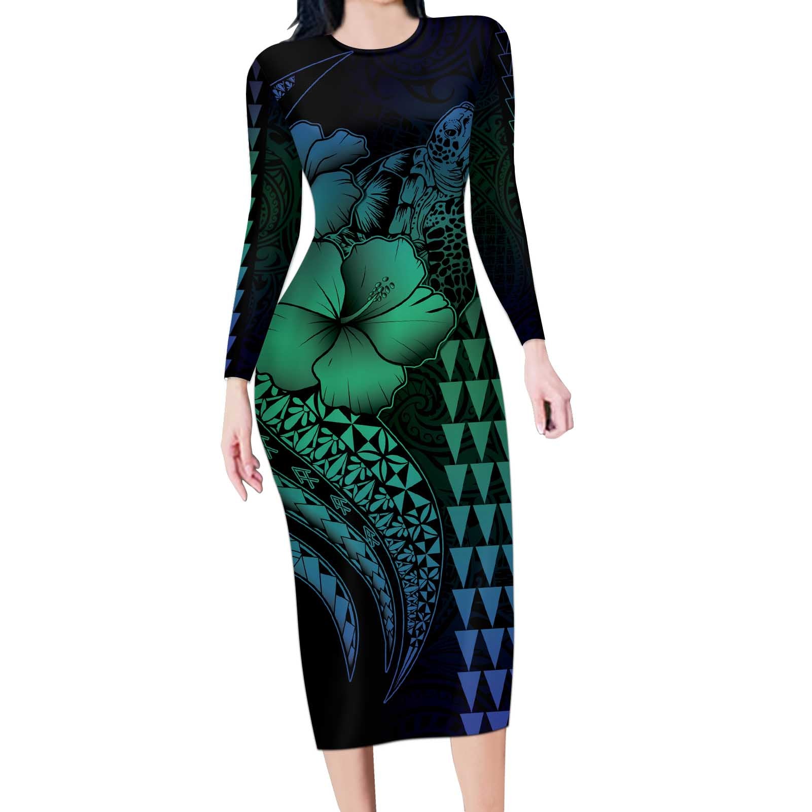 Hawaiian Sea Turtle Long Sleeve Bodycon Dress Blue Hibiscus Flowers and Kakau Pattern