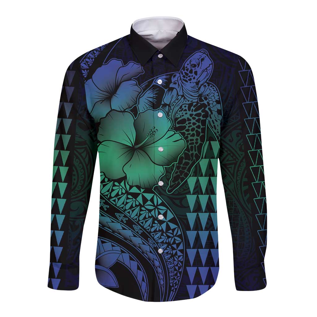 Hawaiian Sea Turtle Long Sleeve Button Shirt Blue Hibiscus Flowers and Kakau Pattern