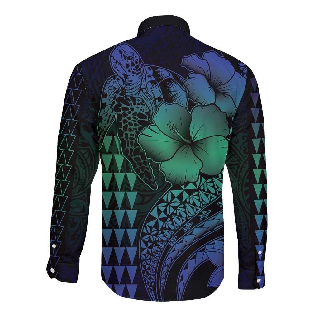 Hawaiian Sea Turtle Long Sleeve Button Shirt Blue Hibiscus Flowers and Kakau Pattern