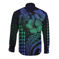Hawaiian Sea Turtle Long Sleeve Button Shirt Blue Hibiscus Flowers and Kakau Pattern