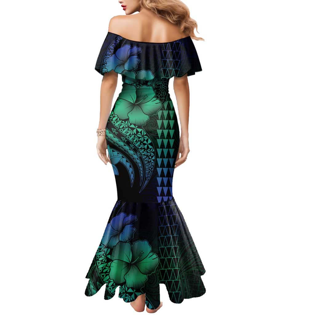 Hawaiian Sea Turtle Mermaid Dress Blue Hibiscus Flowers and Kakau Pattern