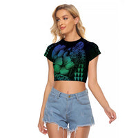 Hawaiian Sea Turtle Raglan Cropped T Shirt Blue Hibiscus Flowers and Kakau Pattern