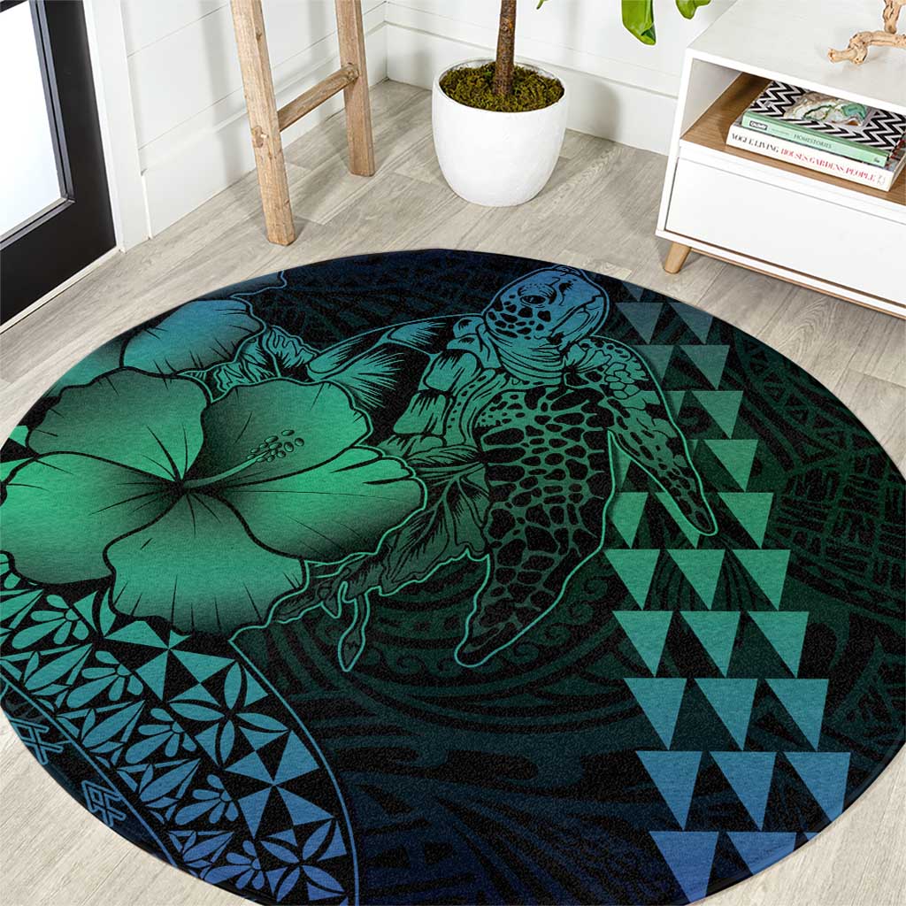 Hawaiian Sea Turtle Round Carpet Blue Hibiscus Flowers and Kakau Pattern