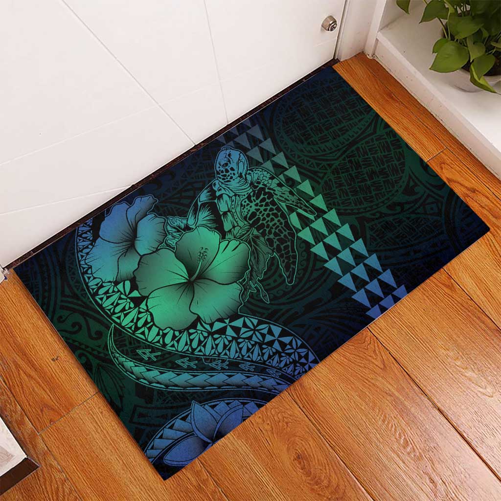Hawaiian Sea Turtle Rubber Doormat Blue Hibiscus Flowers and Kakau Pattern
