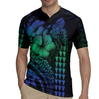 Hawaiian Sea Turtle Rugby Jersey Blue Hibiscus Flowers and Kakau Pattern