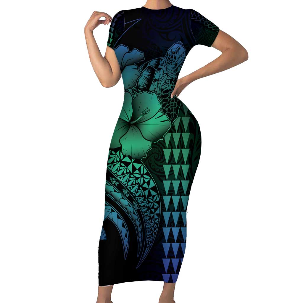 Hawaiian Sea Turtle Short Sleeve Bodycon Dress Blue Hibiscus Flowers and Kakau Pattern