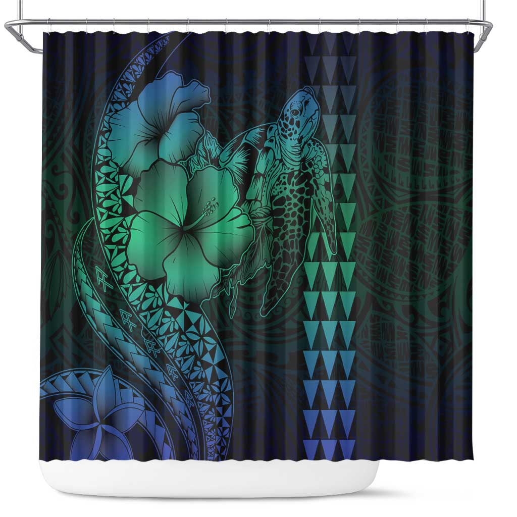 Hawaiian Sea Turtle Shower Curtain Blue Hibiscus Flowers and Kakau Pattern