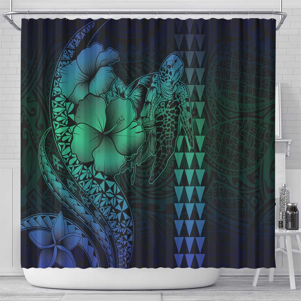 Hawaiian Sea Turtle Shower Curtain Blue Hibiscus Flowers and Kakau Pattern