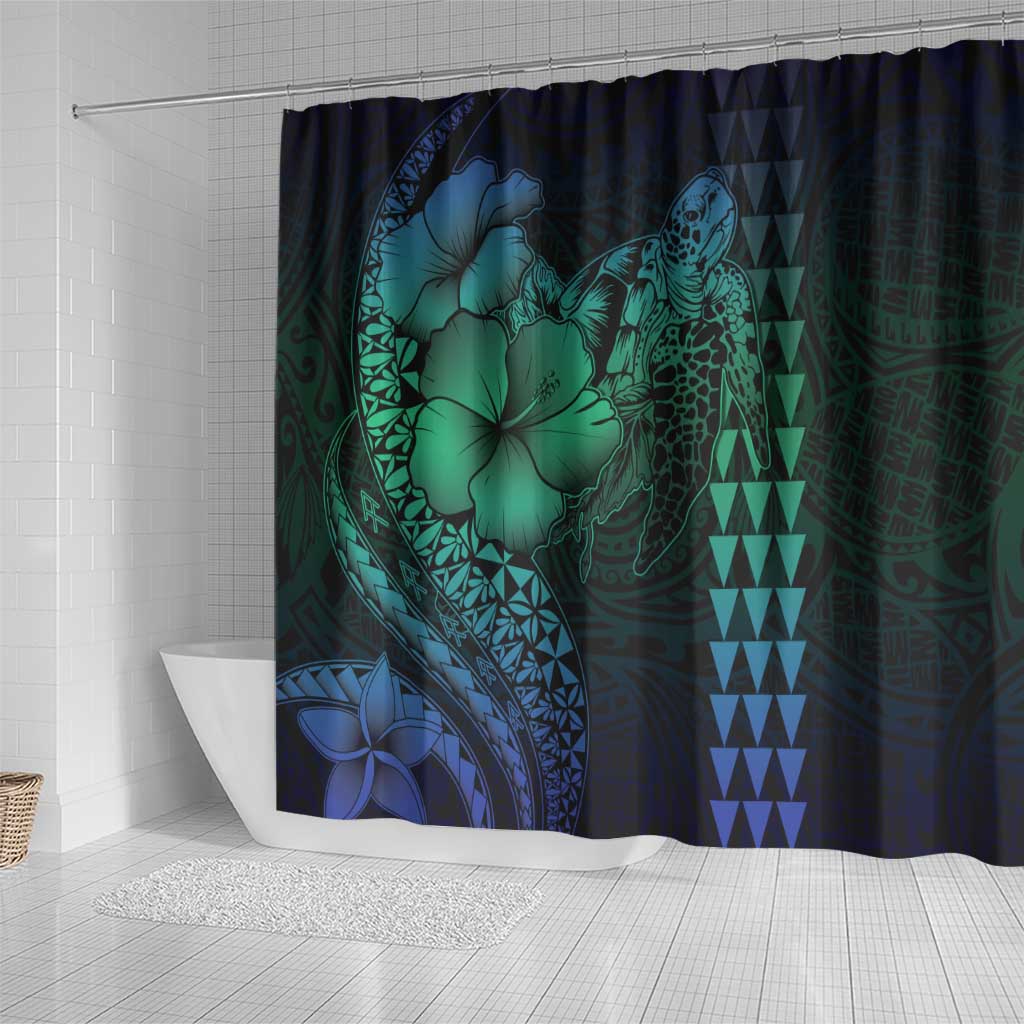 Hawaiian Sea Turtle Shower Curtain Blue Hibiscus Flowers and Kakau Pattern