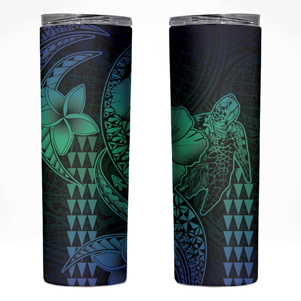 Hawaiian Sea Turtle Skinny Tumbler Blue Hibiscus Flowers and Kakau Pattern