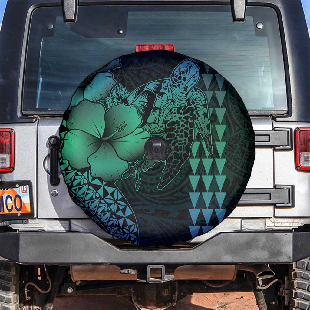 Hawaiian Sea Turtle Spare Tire Cover Blue Hibiscus Flowers and Kakau Pattern