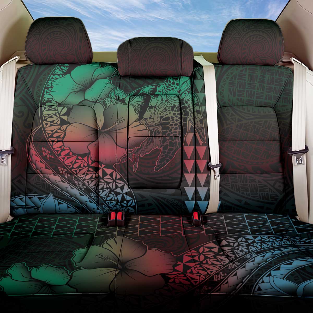 Hawaiian Sea Turtle Back Car Seat Cover Green Hibiscus Flowers and Kakau Pattern