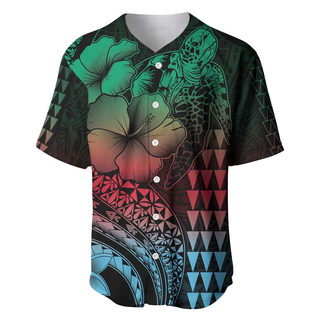 Hawaiian Sea Turtle Baseball Jersey Green Hibiscus Flowers and Kakau Pattern