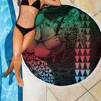 Hawaiian Sea Turtle Beach Blanket Green Hibiscus Flowers and Kakau Pattern
