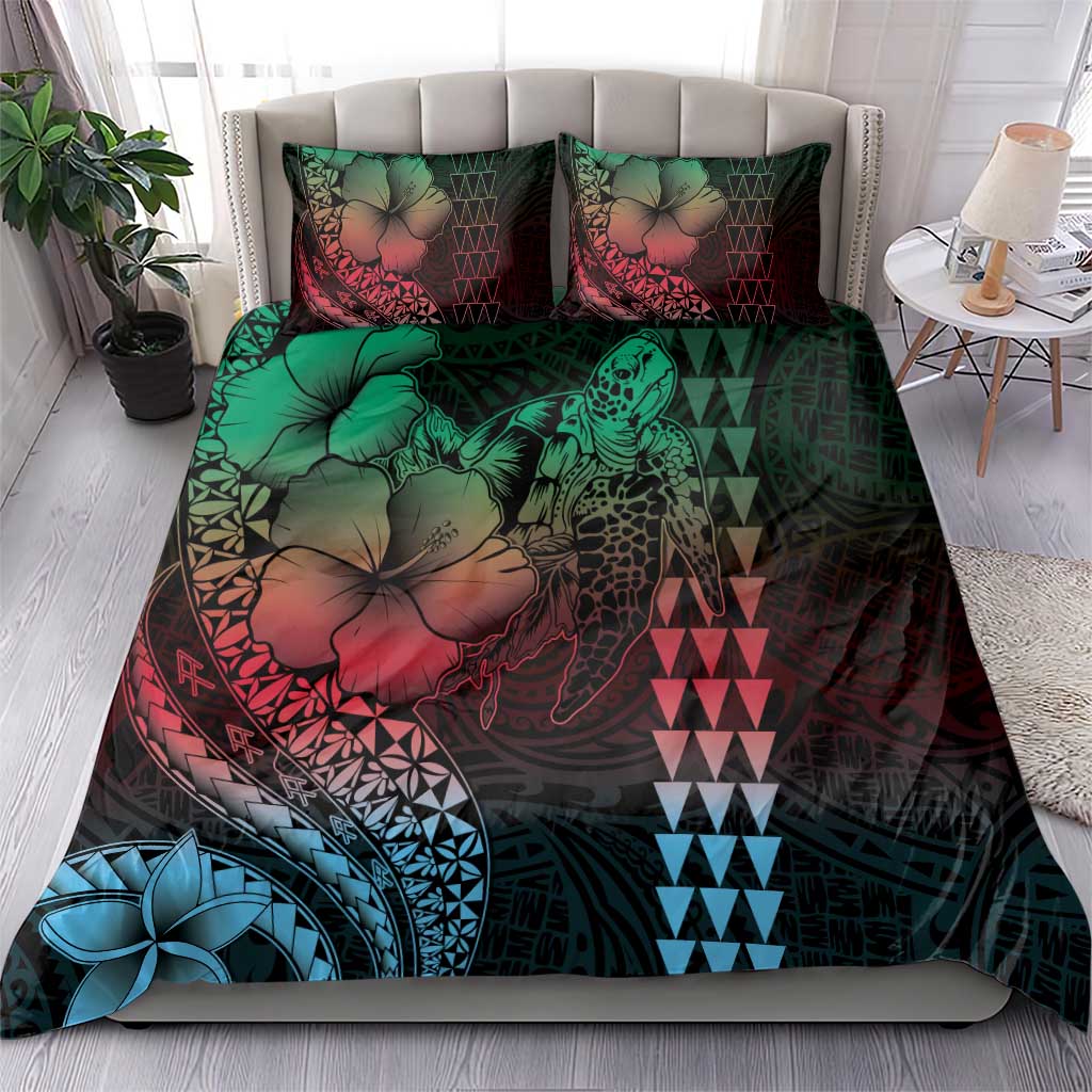 Hawaiian Sea Turtle Bedding Set Green Hibiscus Flowers and Kakau Pattern