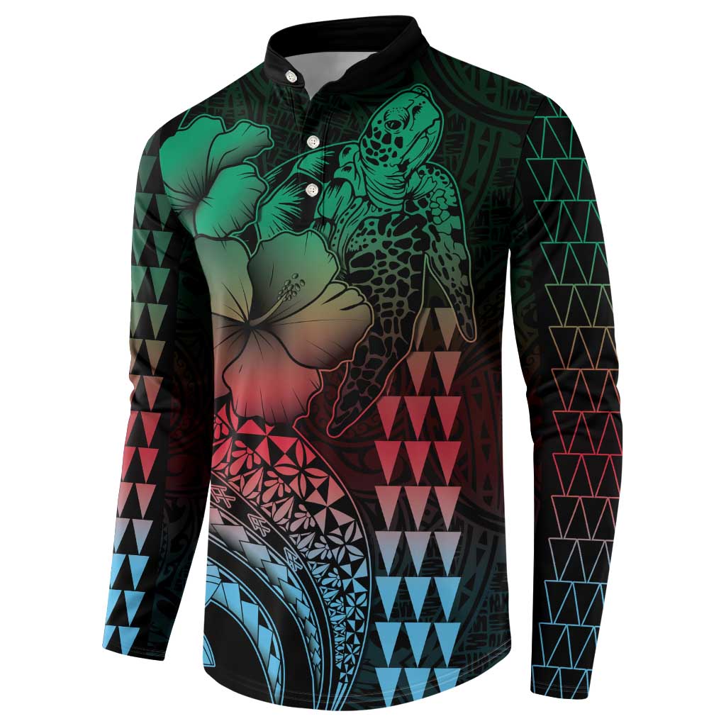 Hawaiian Sea Turtle Button Sweatshirt Green Hibiscus Flowers and Kakau Pattern