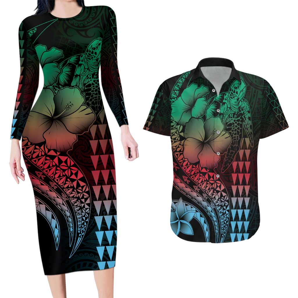 Hawaiian Sea Turtle Couples Matching Long Sleeve Bodycon Dress and Hawaiian Shirt Green Hibiscus Flowers and Kakau Pattern