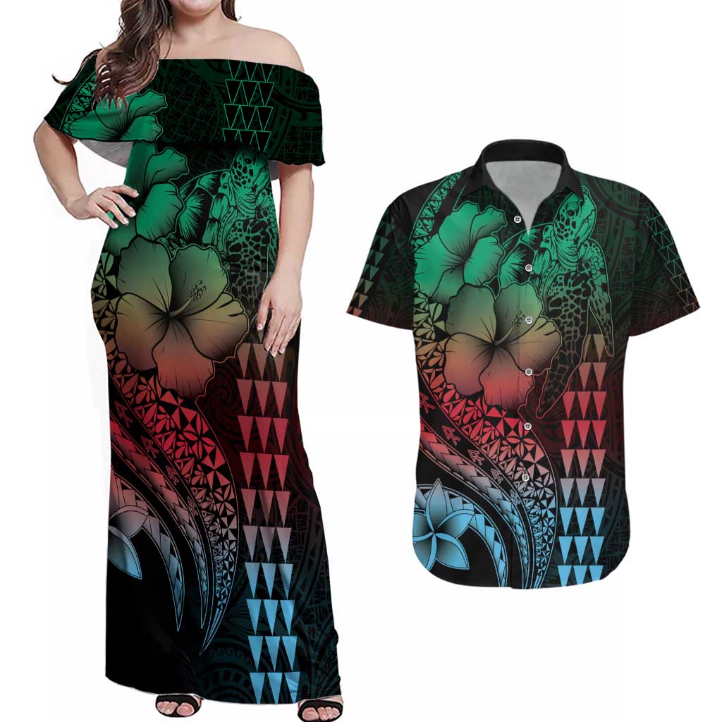 Hawaiian Sea Turtle Couples Matching Off Shoulder Maxi Dress and Hawaiian Shirt Green Hibiscus Flowers and Kakau Pattern