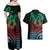 Hawaiian Sea Turtle Couples Matching Off Shoulder Maxi Dress and Hawaiian Shirt Green Hibiscus Flowers and Kakau Pattern